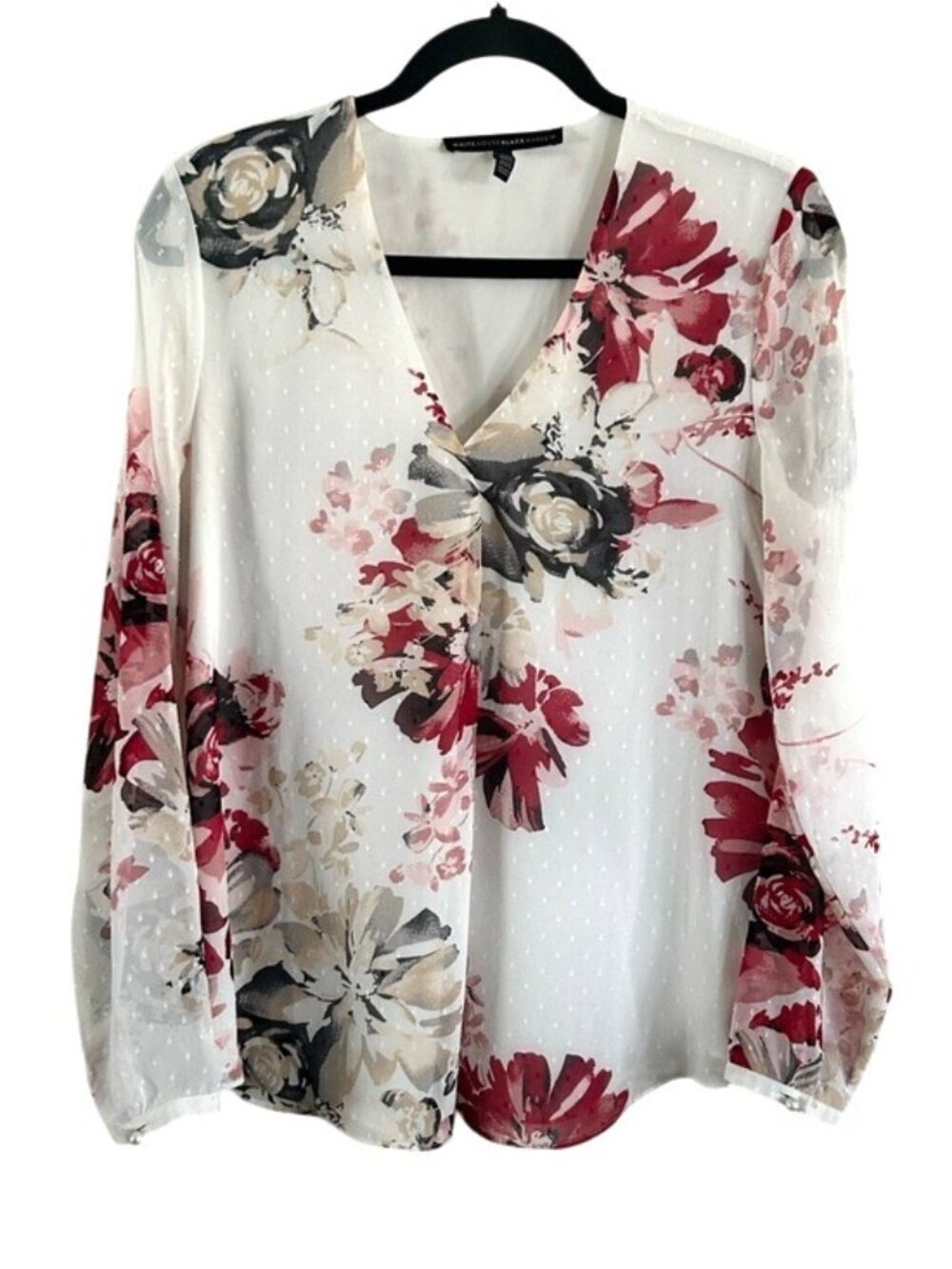 White House Black Market Floral V-Neck Long Sleeve Blouse White Flowy Red Floral